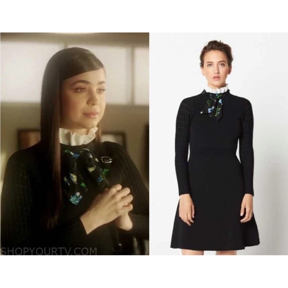 Sandro • Clemence Ruffle with Silk Scarf Collar Knit Dress in Black - Picture 3 of 14